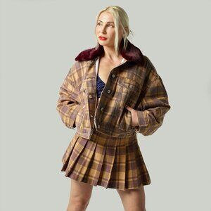 Sunset Denim Pleated Plaid Mini Skirt Brown/Tan S,M,L